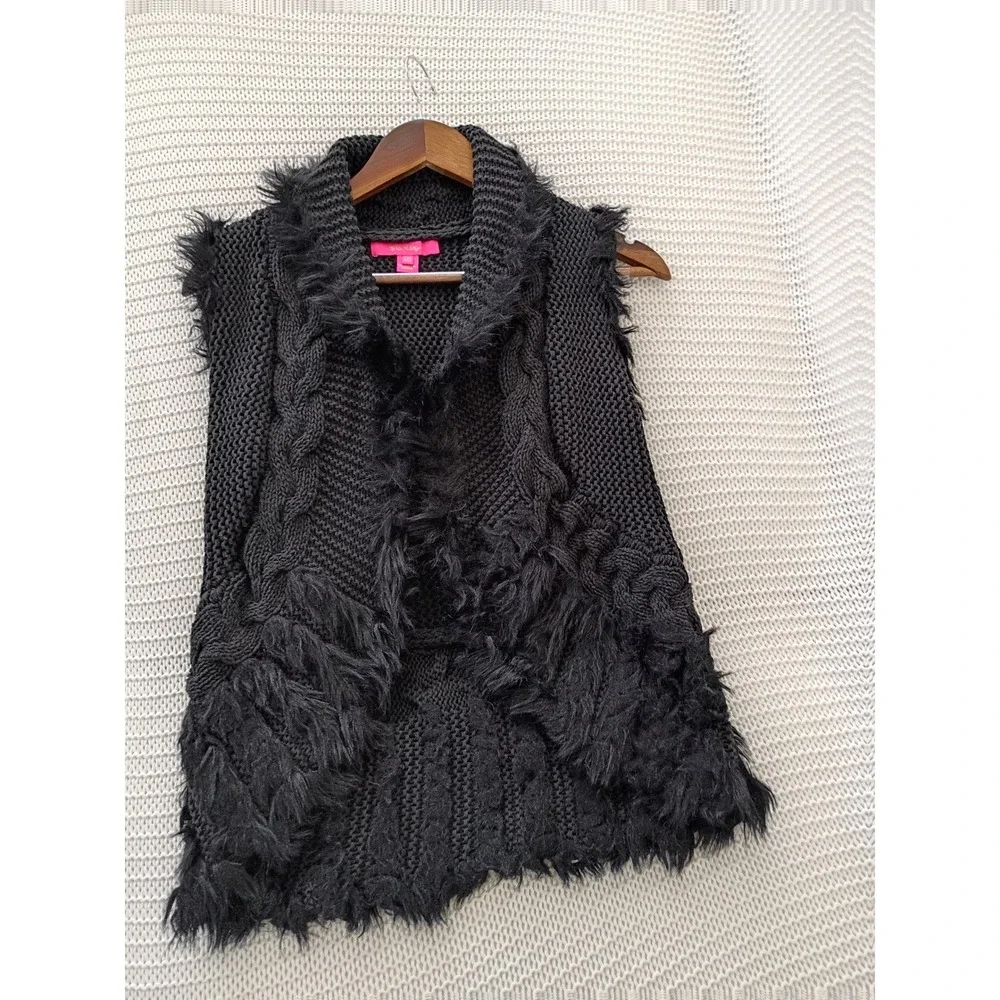 Lilly Pulitzer Boho Faux Fur Trim Cable Knit Vest Cotton Blend Fits‎ S $168